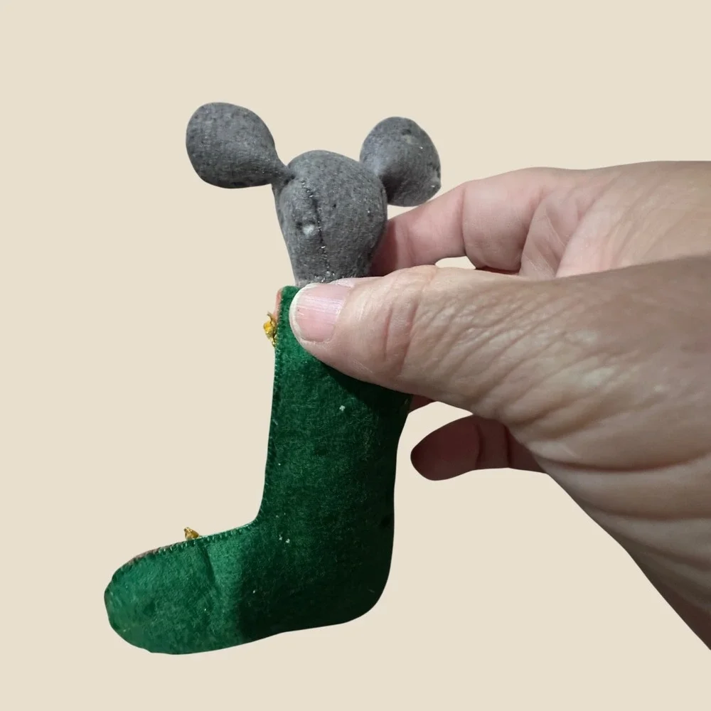 Vintage Felt Mouse in Christmas Stocking Ornament Kitschy Mid Century Holiday